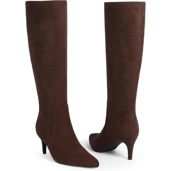Women's Chocolate Tall Boots Pointed Toe Kitten Heel Side Zipper Knee High Boots